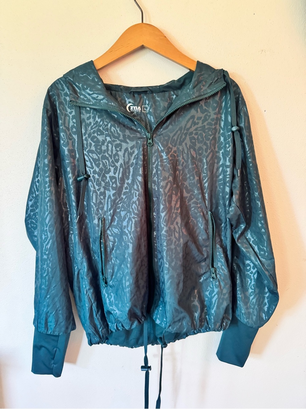 ZYIA Teal Leopard-Print Lightweight Hooded Windbreaker Jacket Size L